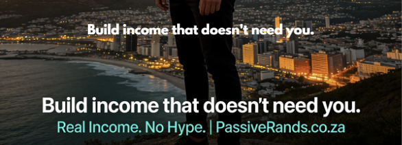 Passive Rands banner over a Cape Town cityscape