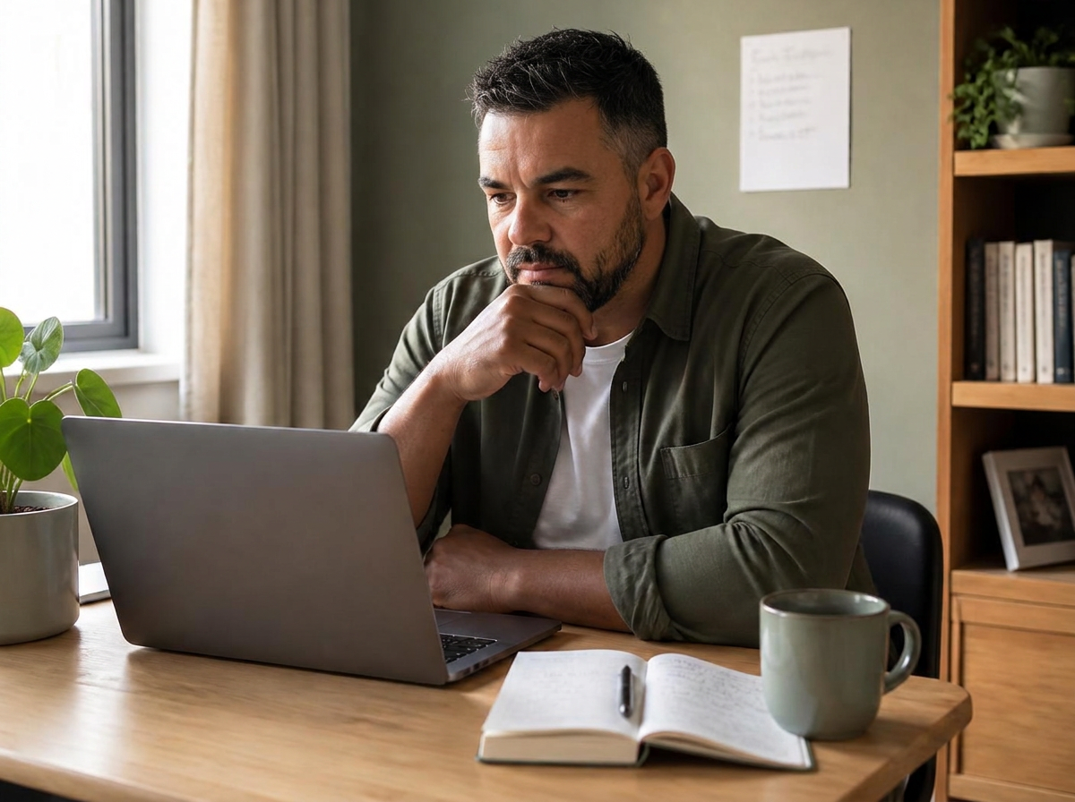 A South African professional comparing online-business programmes on a laptop at a home desk